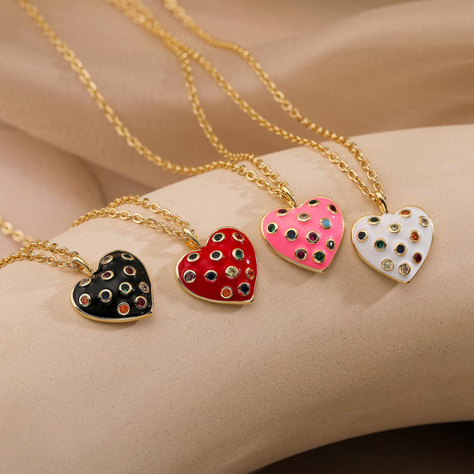 Collana da donna con ciondolo a forma di cuore in rame, stile bohémien, placcato oro e smaltato