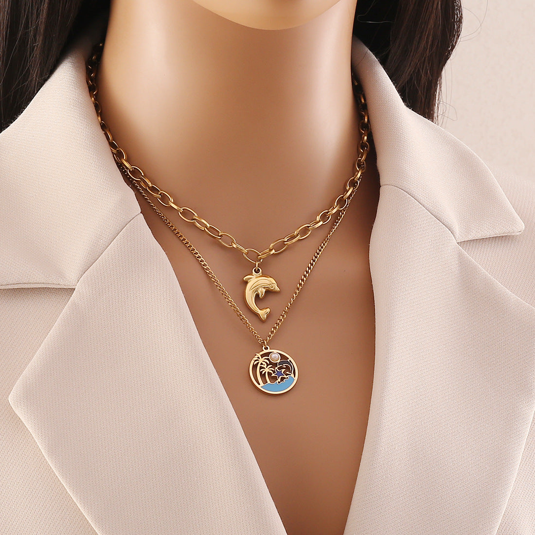 Fashionable Dolphin Pendant Necklace in Stainless Steel with Plated Finish for Women, Double Layer Snake Chain Design