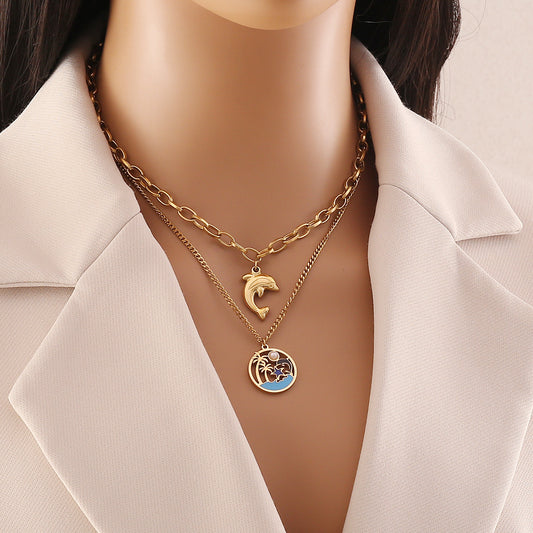 Collar con Colgante de Delfín a la Moda en Acero Inoxidable con Acabado Chapado para Mujer, Diseño de Cadena de Serpiente de Doble Capa