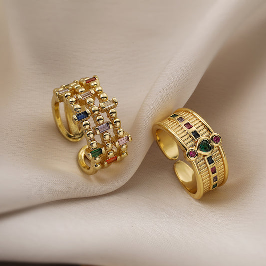 Minimalist Geometric Wide Open Ring for Women Made of Brass with Real Gold Plating and Zircon Inlay