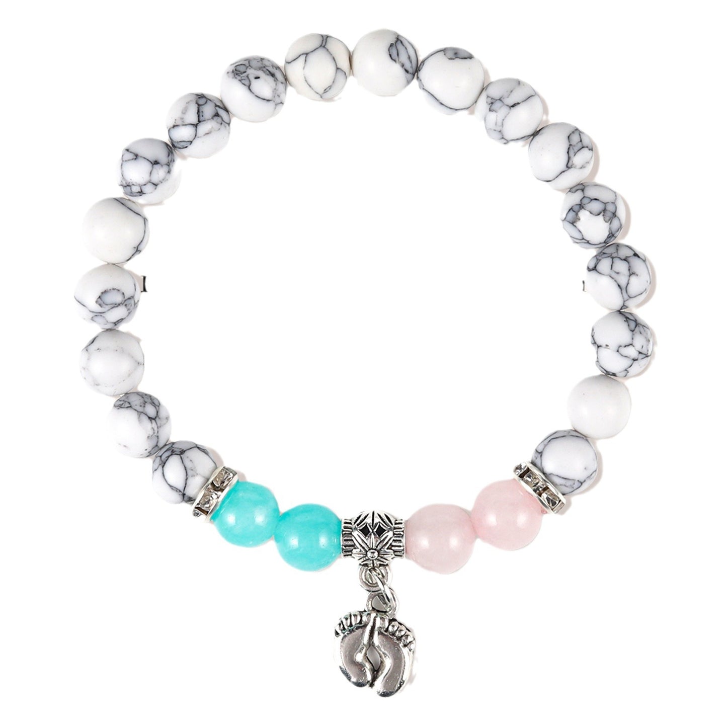 8mm Turquoise Beaded Bracelet with Footprint Pendant and Pearl Accents Unisex Geometric Bracelet