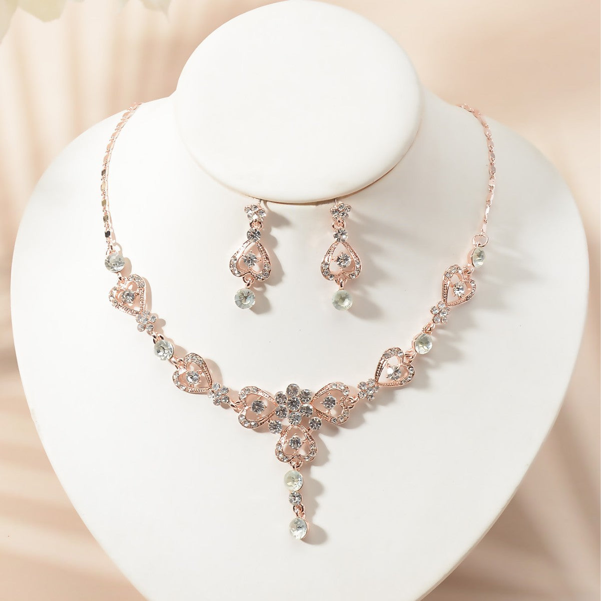 Parure di collana e orecchini floreali eleganti placcati con strass da donna per matrimoni e feste