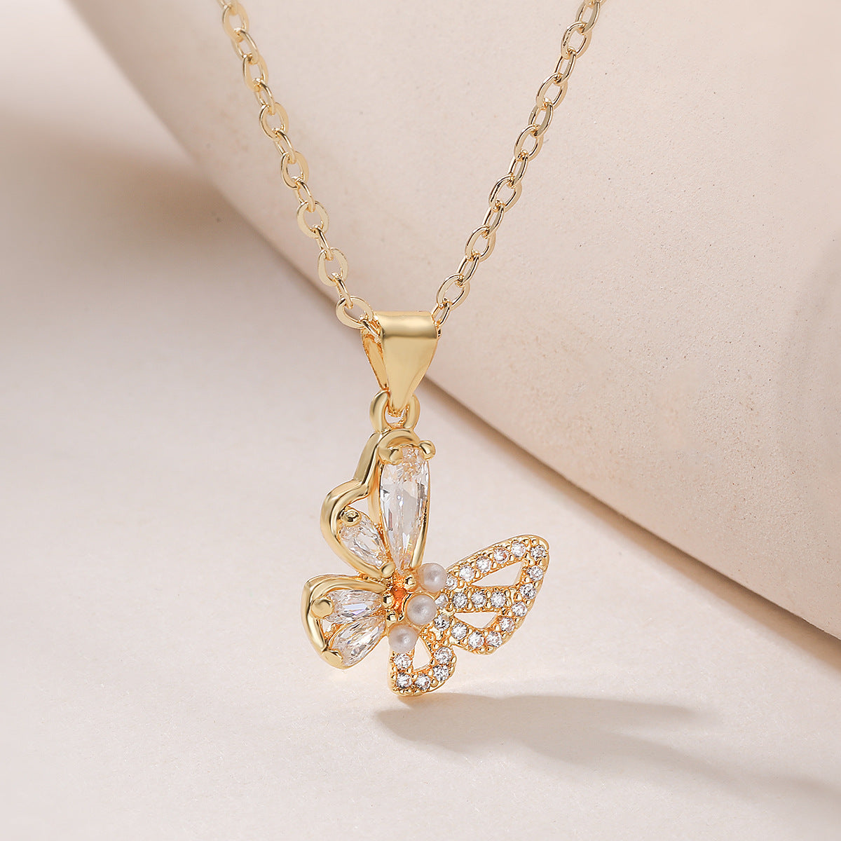 Minimalist Luxury Gold Plated Brass Butterfly Geometric Pendant Necklace with Cubic Zirconia for Women