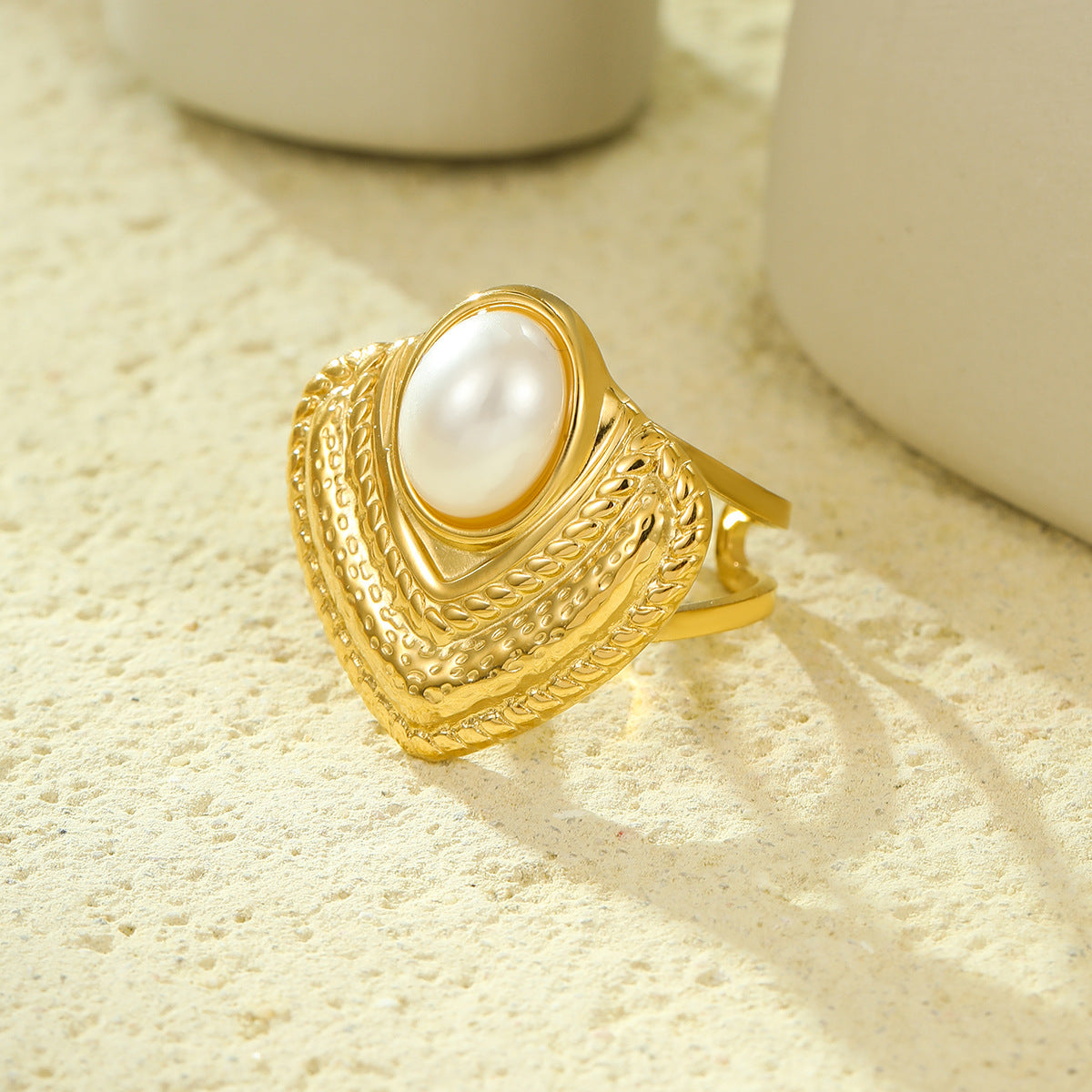 Minimalist Geometric Titanium Steel Ring with Pearl Inlay and 18K Gold Plating for Women