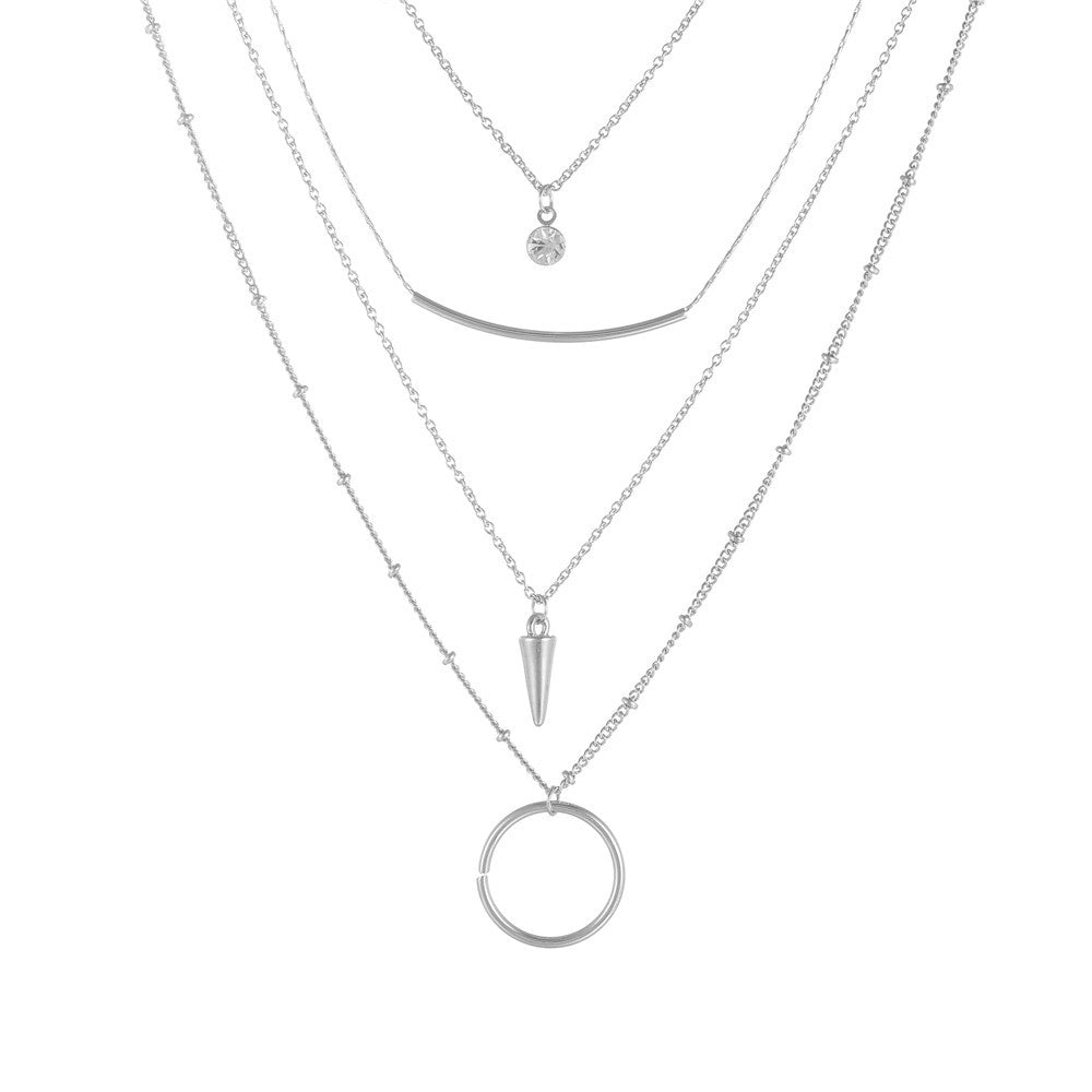 Fashion Geometric Moon Pendant Alloy Plated Necklace with Rivets Multi-layer Cable Chain for Unisex