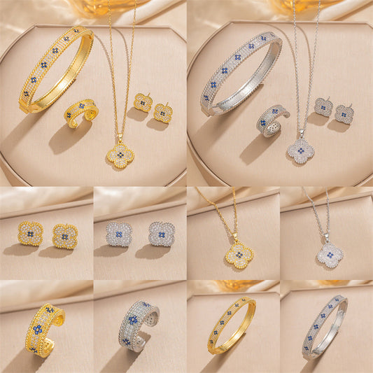 Elegant Luxury Set: Heart-Shaped Zirconia-Inlaid Gold-Plated Copper Earrings Necklace and Ring Set for Women with O-Chain