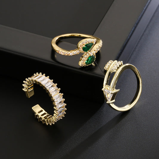 Luxury Minimalist Irregular Geometric Micro-Paved Zircon 18K Gold Plated Copper Open Ring for Women