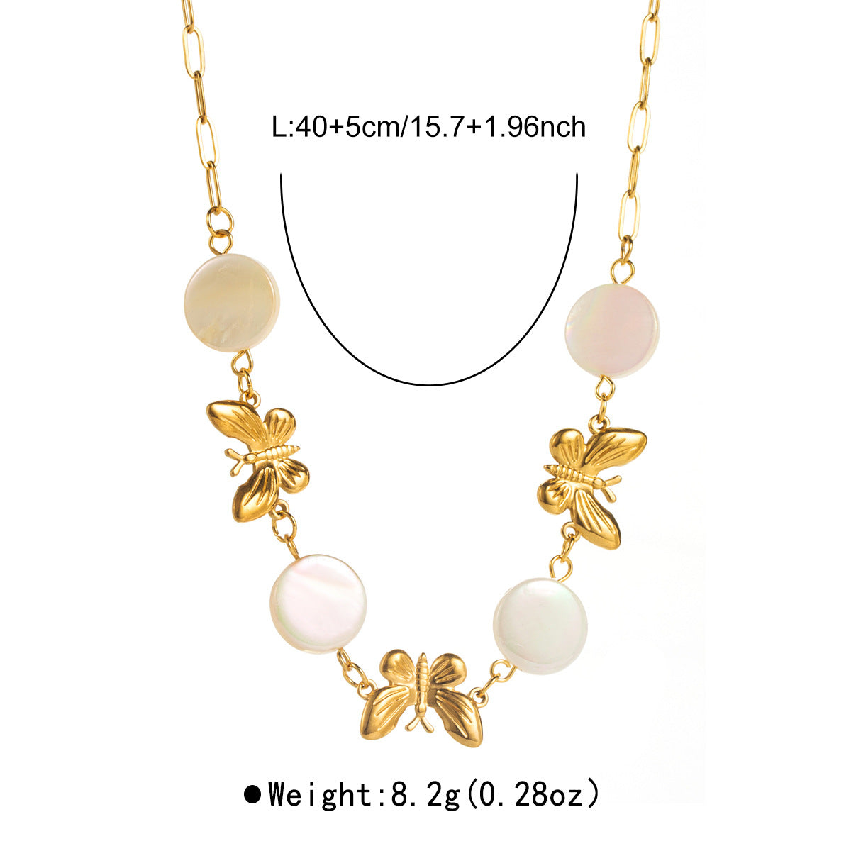 Collana Vintage a Farfalla in Acciaio Inossidabile con Placcatura in Oro 14K e Dettagli in Conchiglia