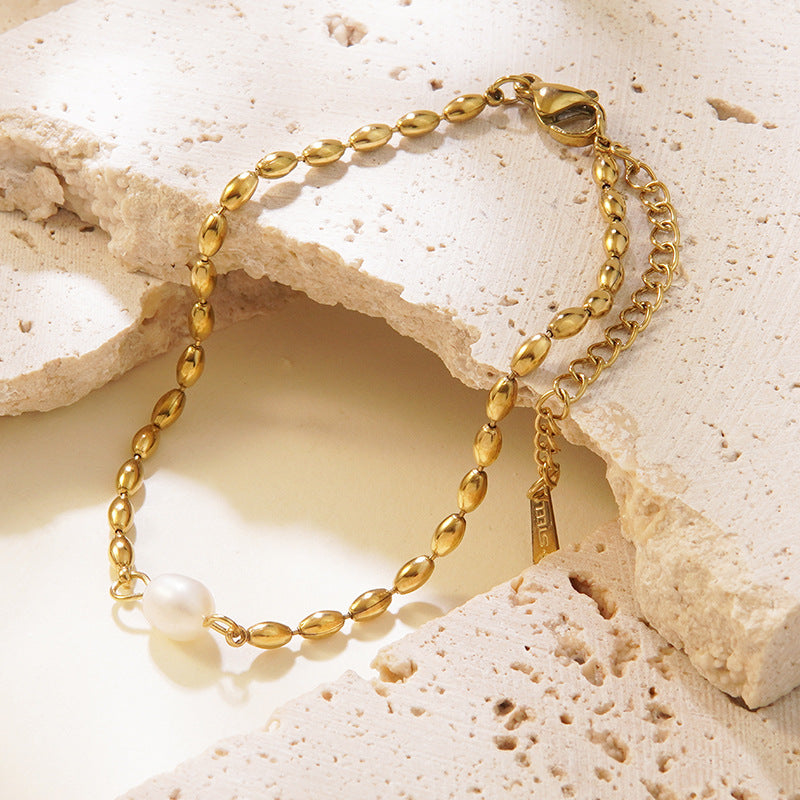 Elegante Set di Gioielli in Acciaio Inossidabile Placcato Oro 18K con Perle e Forme Geometriche da Donna