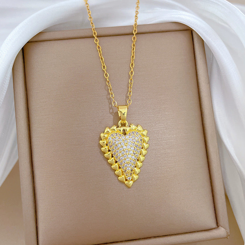 Sweet Minimalist Heart Geometric Titanium Steel Necklace with Cubic Zirconia Brass Pendant for Unisex