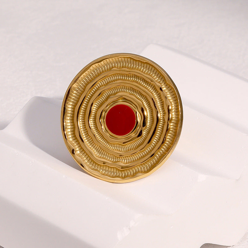 Anello aperto minimalista geometrico in acciaio inossidabile da donna con placcatura in oro 18K e design a disco testurizzato