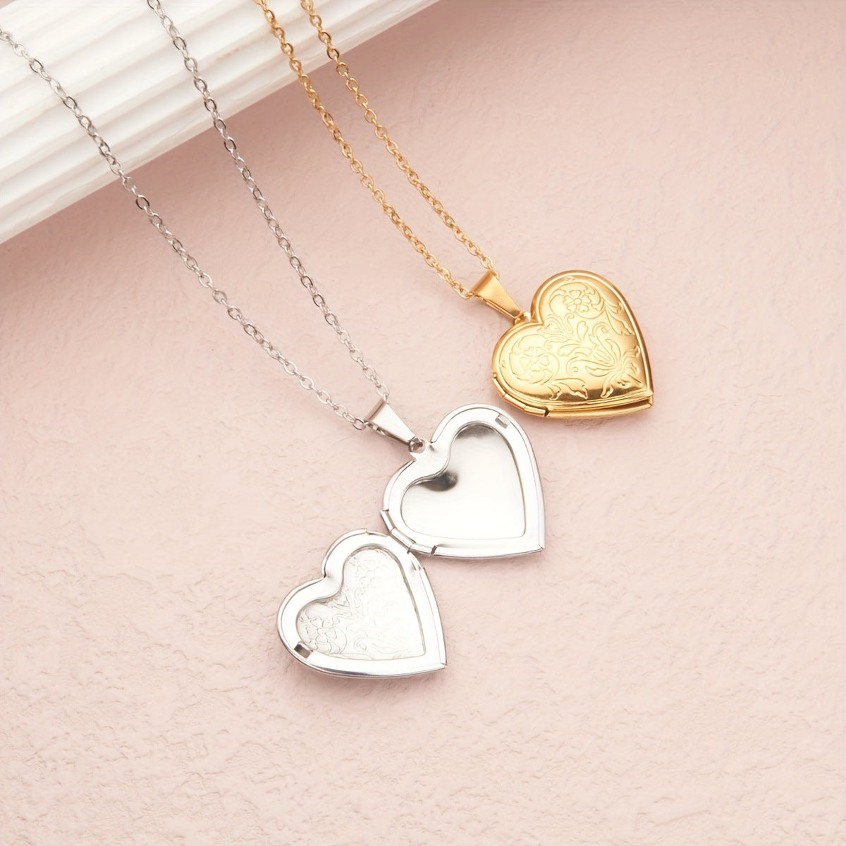 Engraved Floral Heart-Shaped Opening Photo Frame Necklace in Stainless Steel with Gold Plating