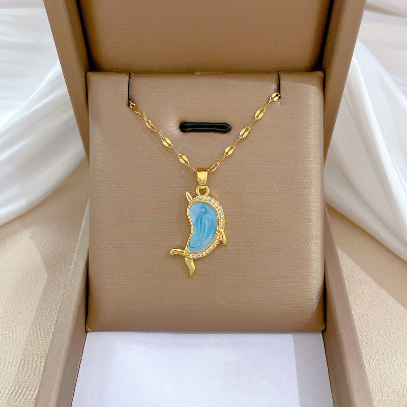 Luxury Dolphin Pendant Necklace for Women with Enamel Finish and Rhinestone Inlay on Titanium Steel Chain