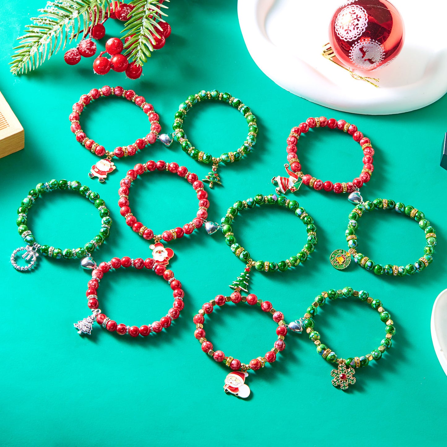 Pulsera magnética de resina con cuentas de Fashion-Commuter con diseño de Papá Noel y corona floral para mujer