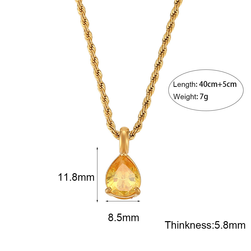 Fashionable Vintage Geometric Stainless Steel Twisted Rope Necklace with Teardrop Rhinestone Pendant for Women