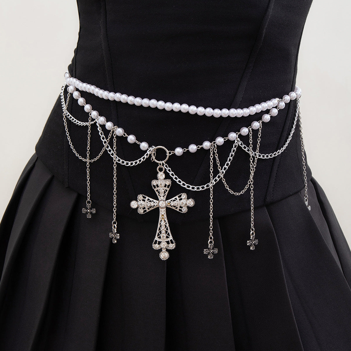 Vintage Cross Faux Pearl Tassel Waist Chain for Women