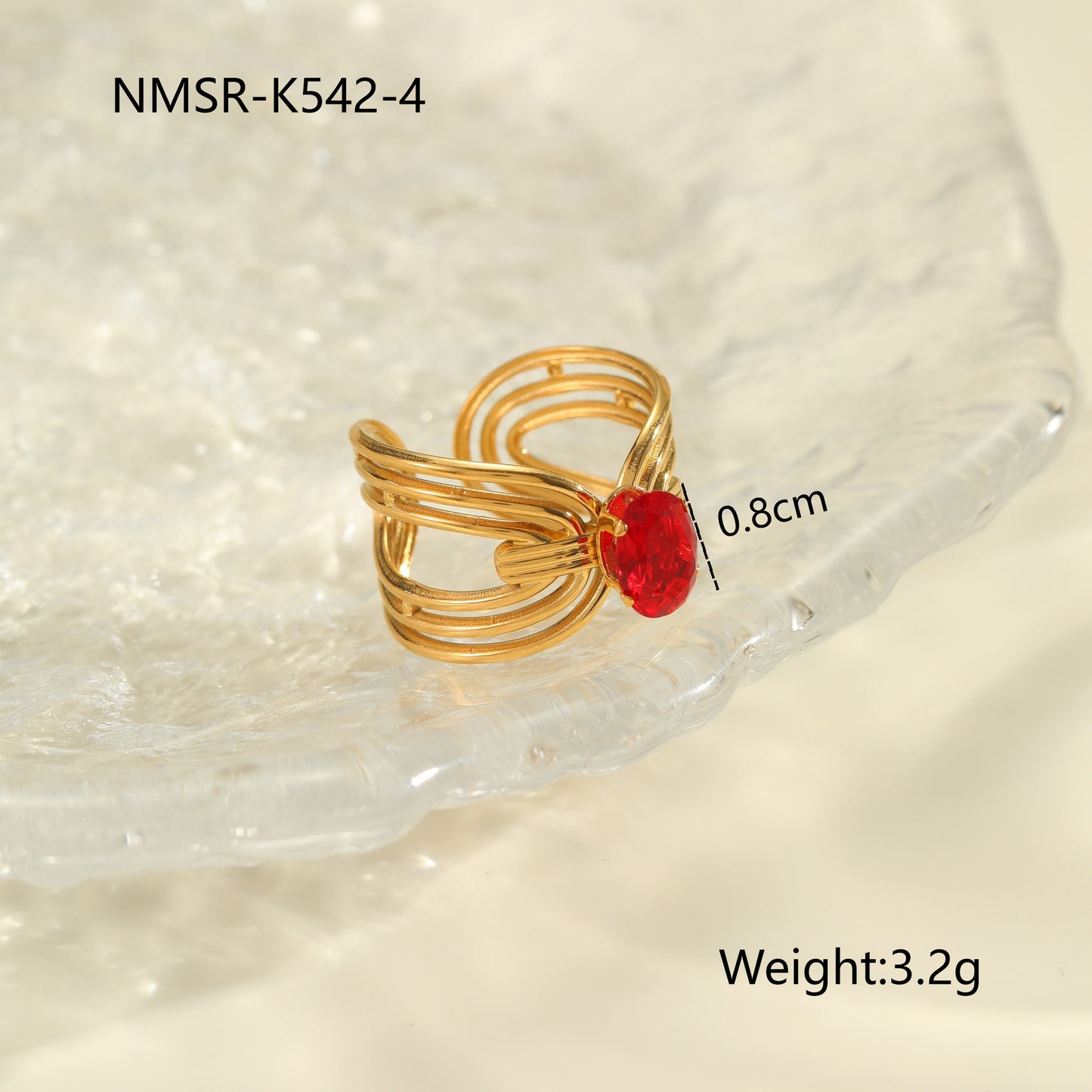 Anello da donna minimalista geometrico in acciaio al titanio con intarsio in zircone rosso regolabile a fascia aperta
