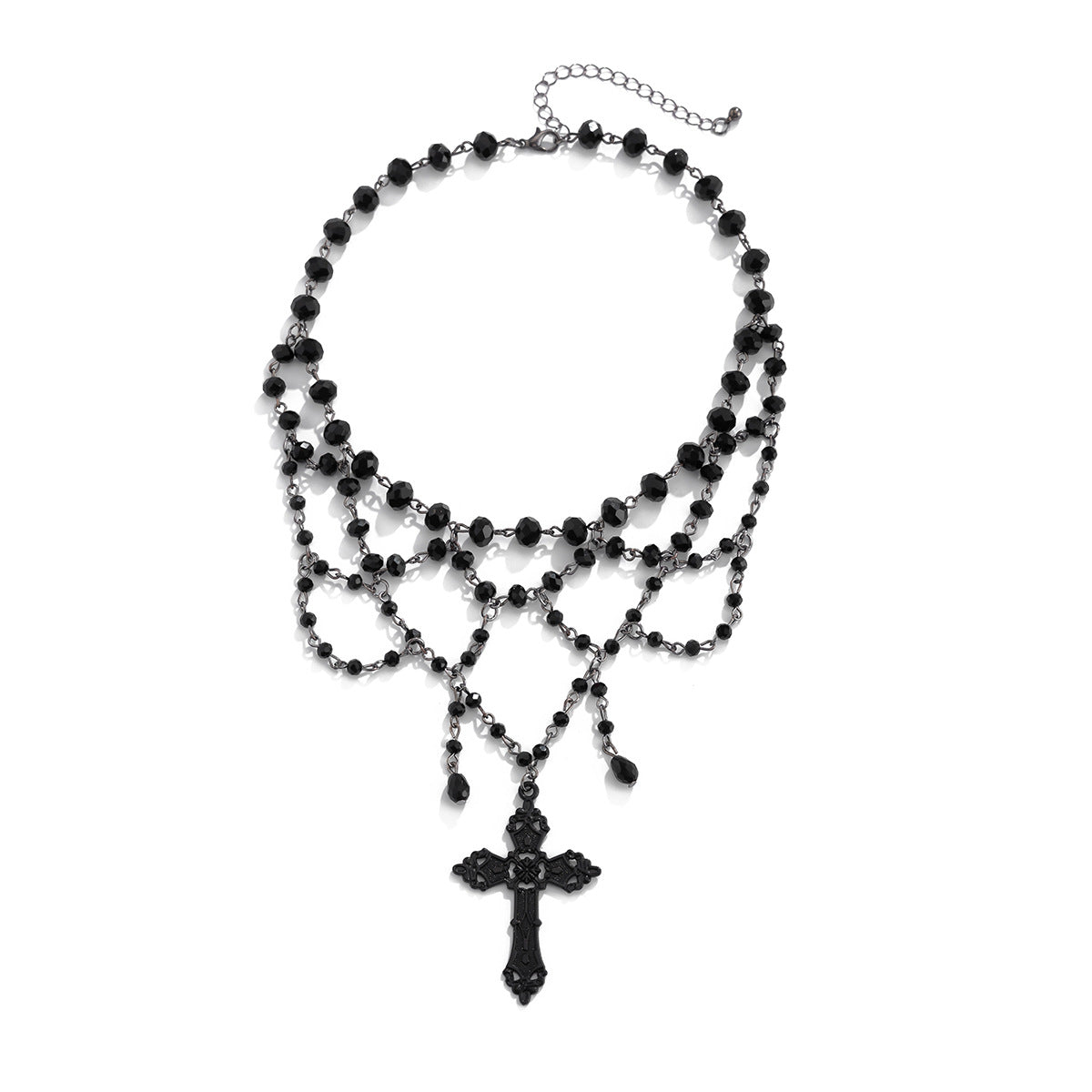 Punk Geometric Cross Alloy Pendant Crystal Beaded Choker Necklace with Tassel for Women