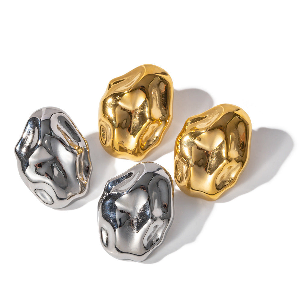 Irregular Geometric Stainless Steel Earrings for Women with 18K Gold Plating, Hypoallergenic Hammered Texture Design