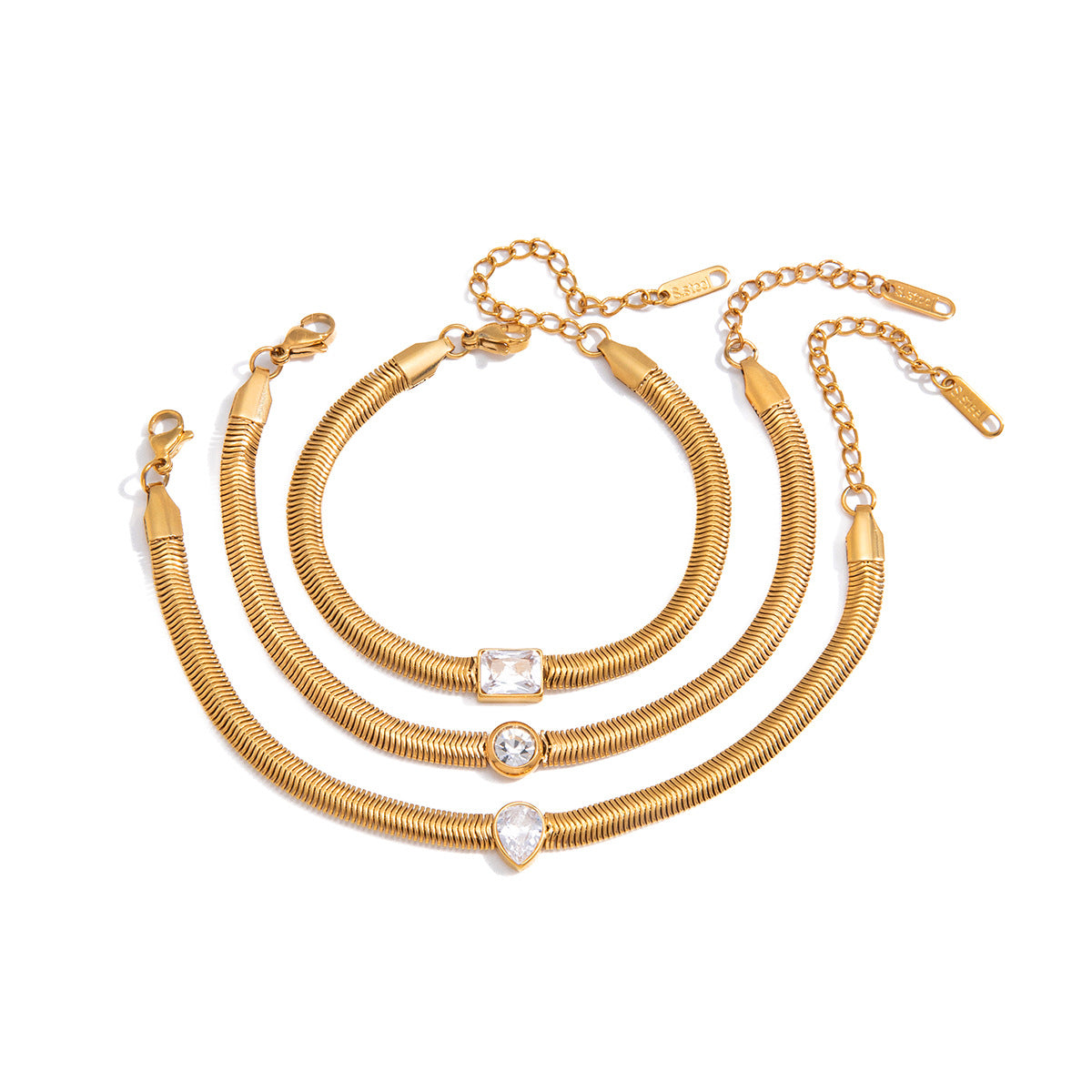 Elegant Geometric Stainless Steel Cubic Zirconia Snake Chain Bracelet for Women