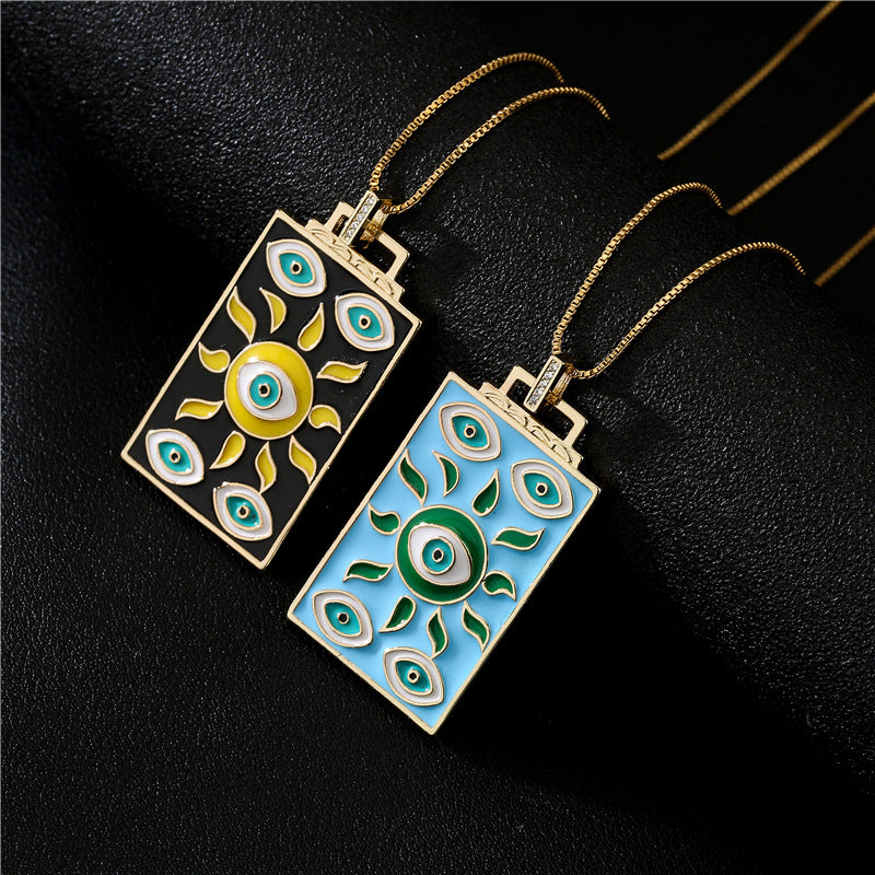 Personalized Geometric Eye Sun Drip Oil Gold Plated Brass Necklace with Cubic Zirconia Box Chain