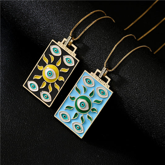Personalized Geometric Eye Sun Drip Oil Gold Plated Brass Necklace with Cubic Zirconia Box Chain
