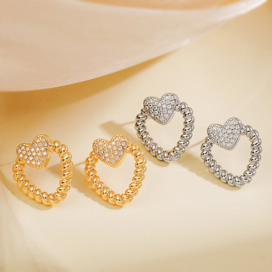 Pendientes de Cobre Minimalistas en Forma de Corazón Hueco con Baño de Oro e Incrustaciones de Circones para Mujer