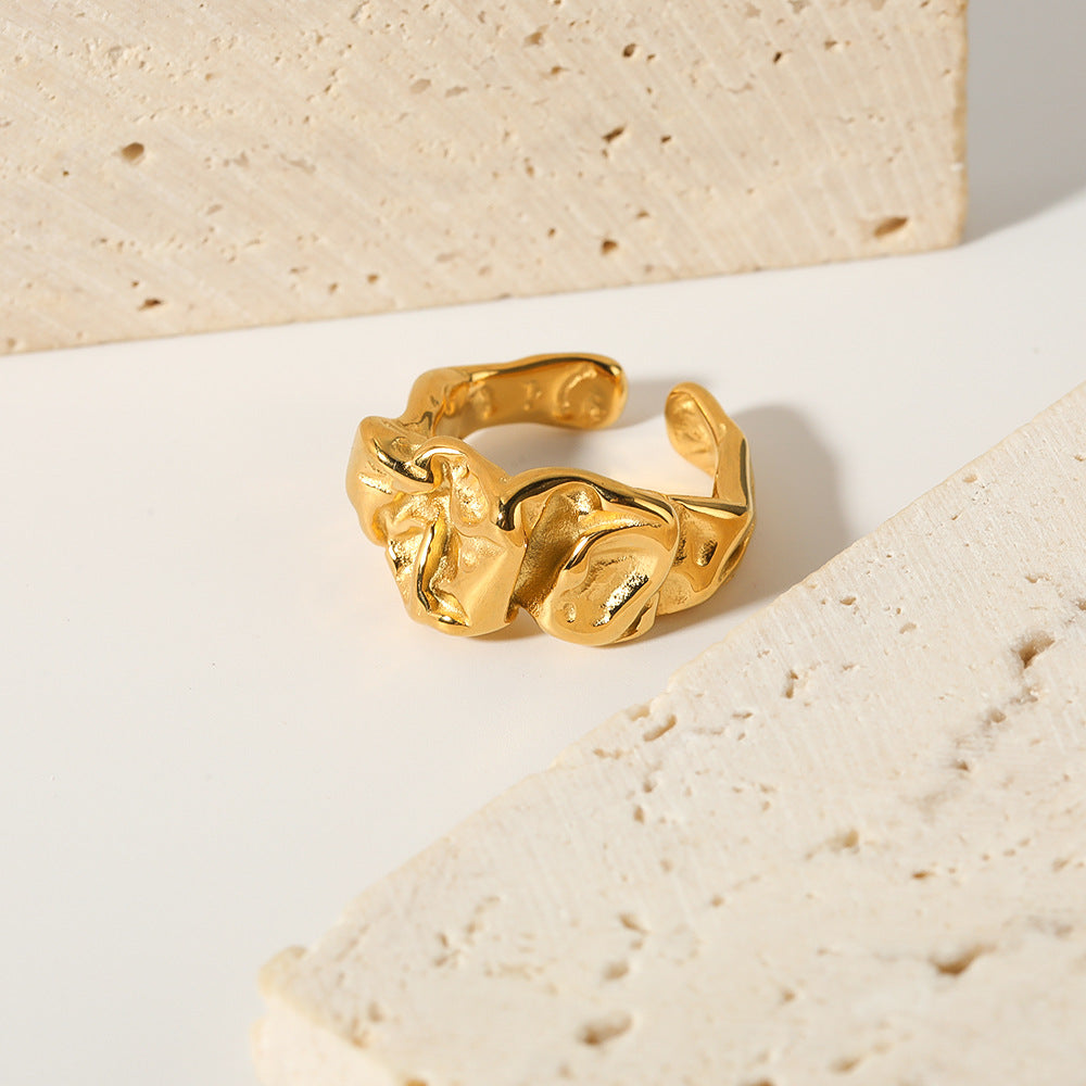 Minimalist Lava-Inspired Geometric Titanium Steel Open Ring with 18K Vacuum Plating for Unisex Wear