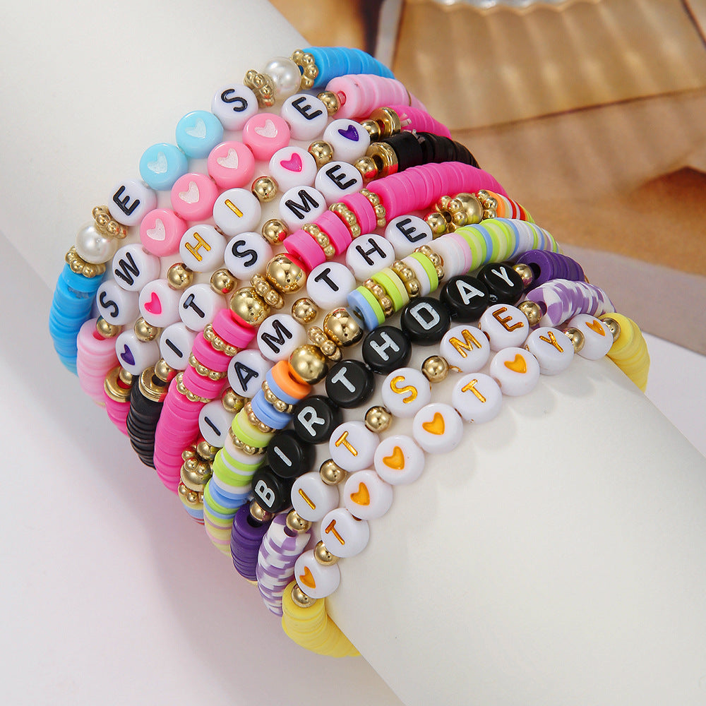 Bohemian Style Geometric Polymer Clay and Acrylic Beaded Bracelet Set with Colorful Letter Charms for Beach Vacation and Travel Souvenirs