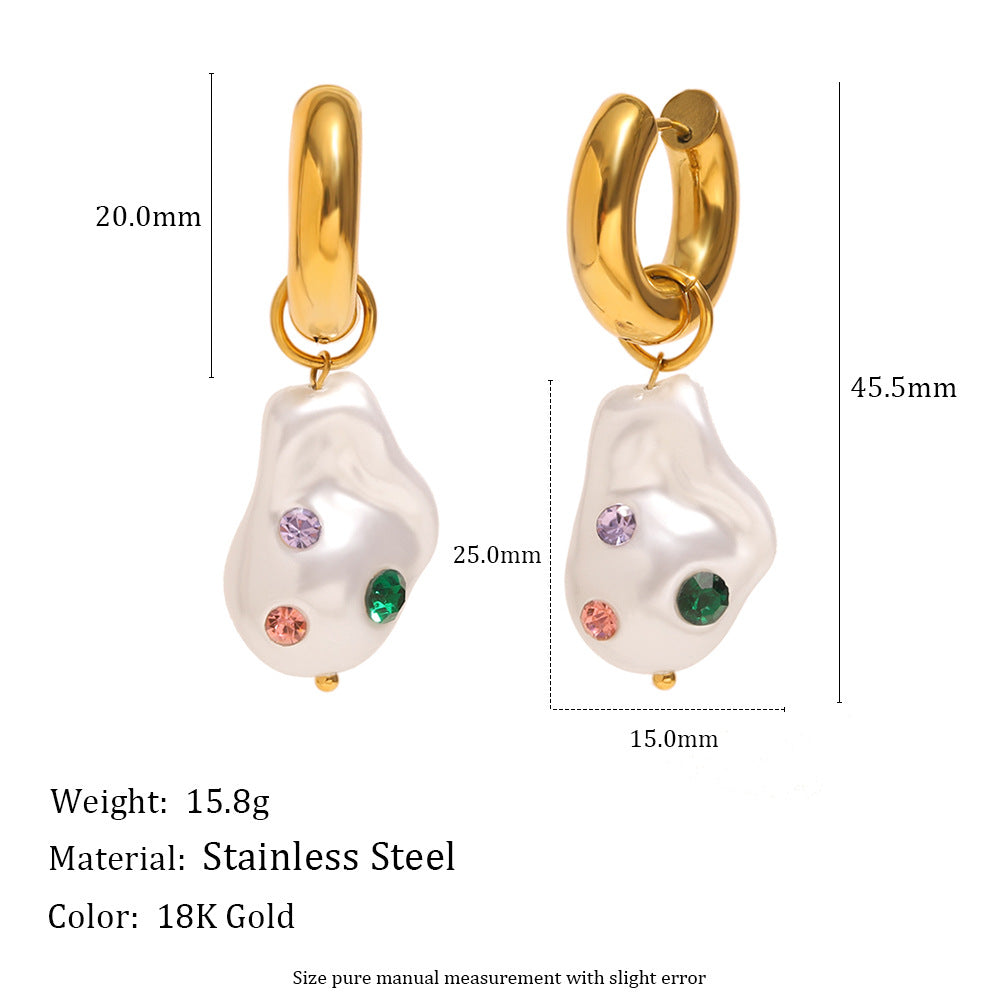 Vintage French Style Geometric Stainless Steel 18K Gold Plated Ear Rings for Women with Colorful Rhinestones and Simulated Pearls