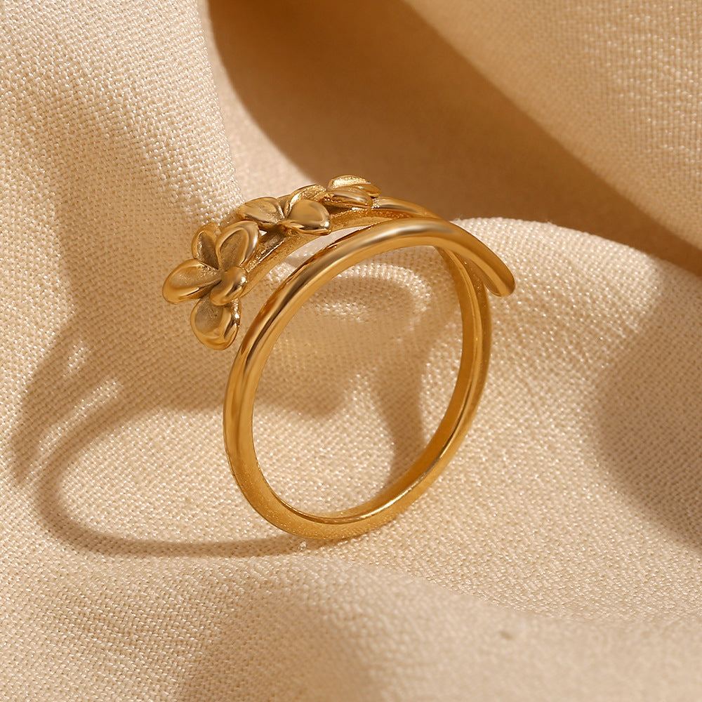 Minimalist Floral Double-Layer Open Ring in Stainless Steel with 18K Gold Plating