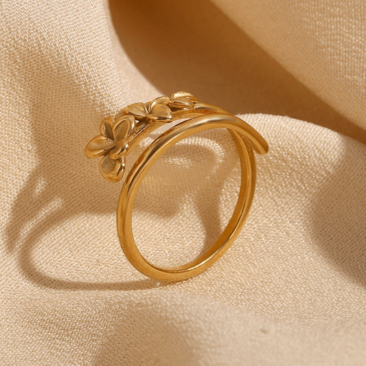Minimalist Floral Double-Layer Open Ring in Stainless Steel with 18K Gold Plating