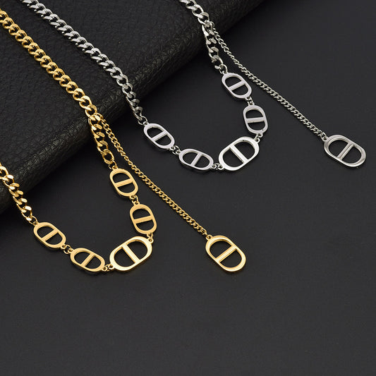 Minimalist Geometric Hollow-Out Titanium Steel Pendant Necklace with Gold Plating and O-Chain for Women