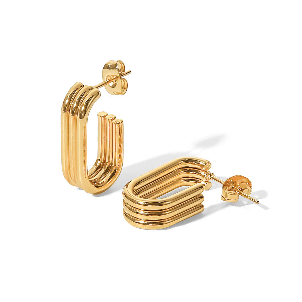 Minimalist Geometric Stainless Steel Earrings with 18K Gold Plating Triple U-Shaped Hoop Design