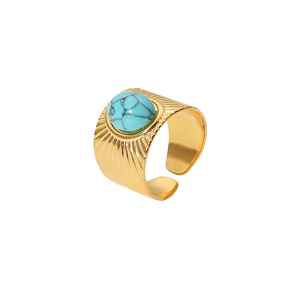 Anello regolabile da donna in acciaio inossidabile placcato oro 18 carati con motivo a spirale geometrica turchese