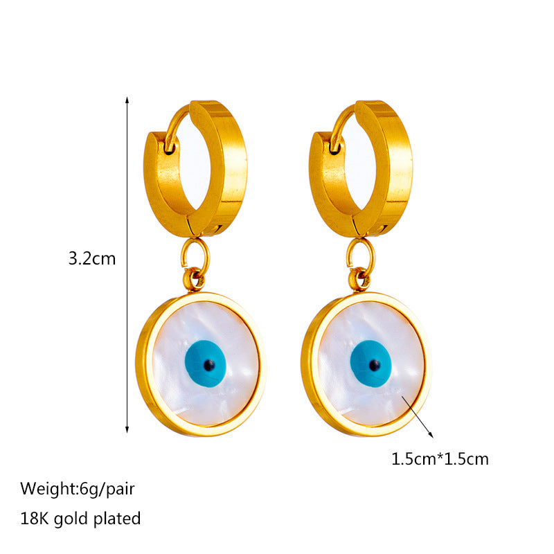 Minimalist Retro Blue Eye Shell Pendant Earrings in Titanium Steel with Plated Finish