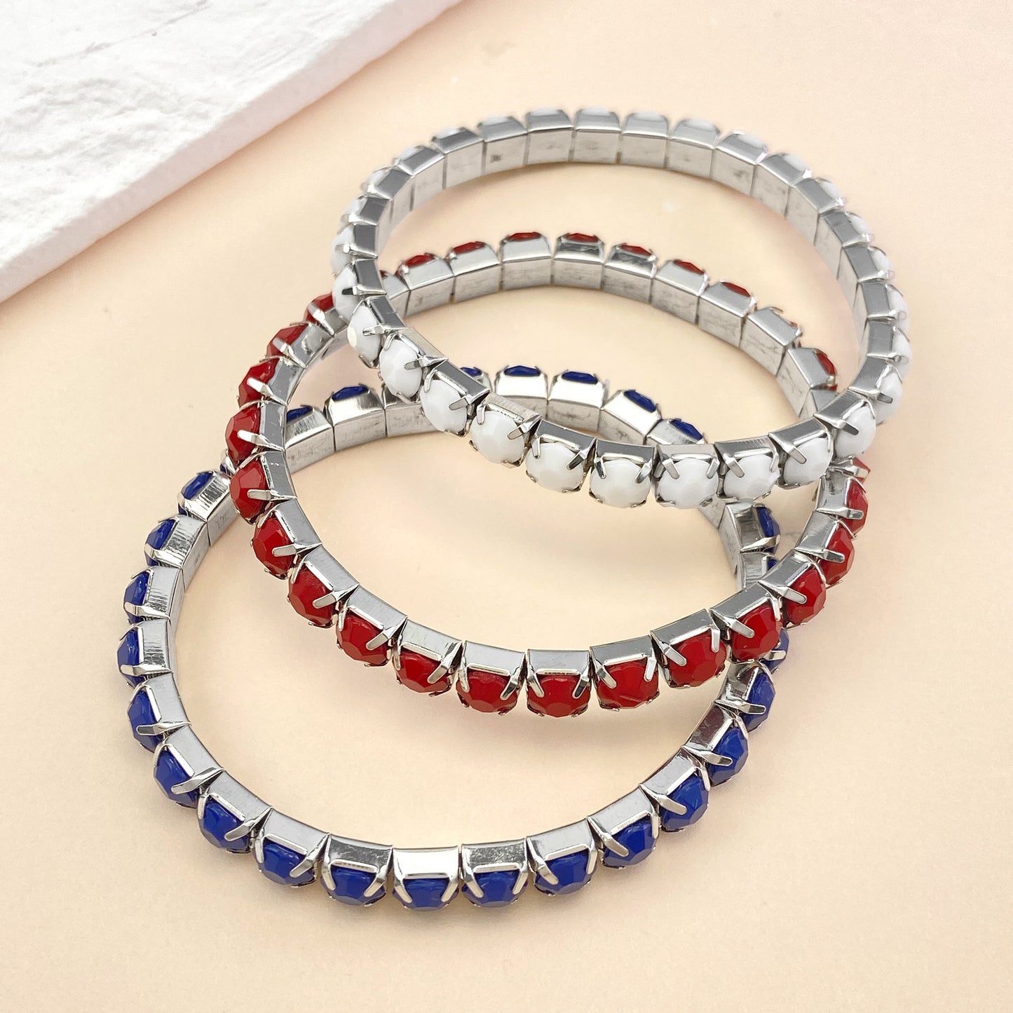Red White Blue Brass Resin Inlay Stretch Bracelet Set