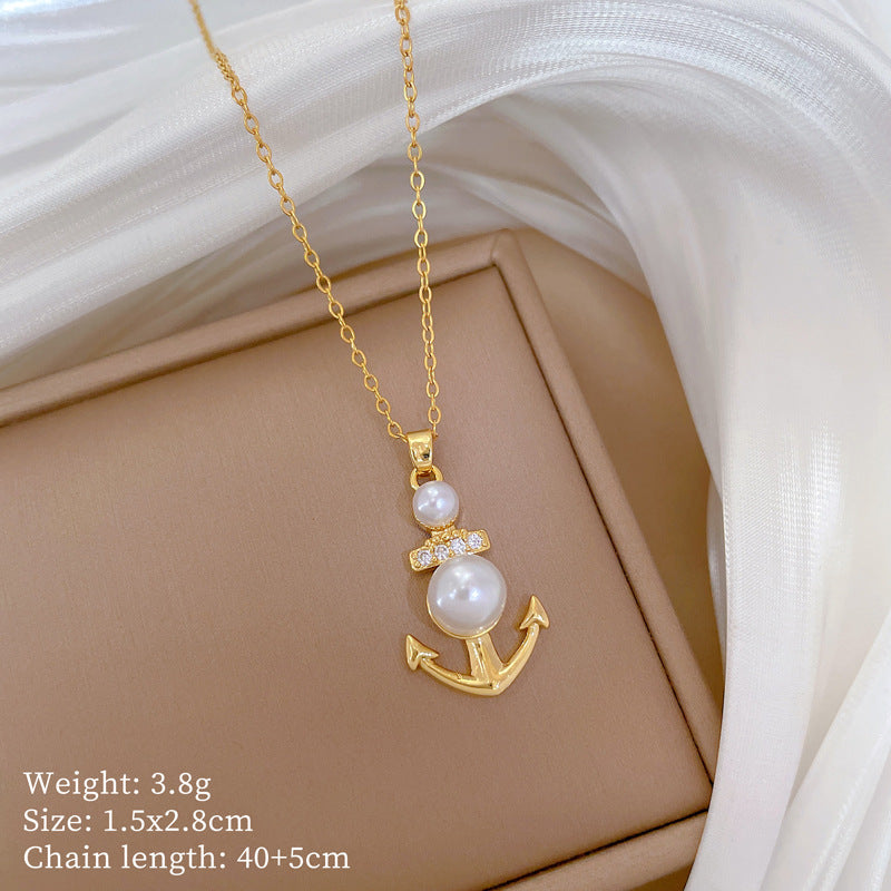 Minimalist Anchor Pendant Necklace in Titanium Steel with Pearl Accents for Women and Men