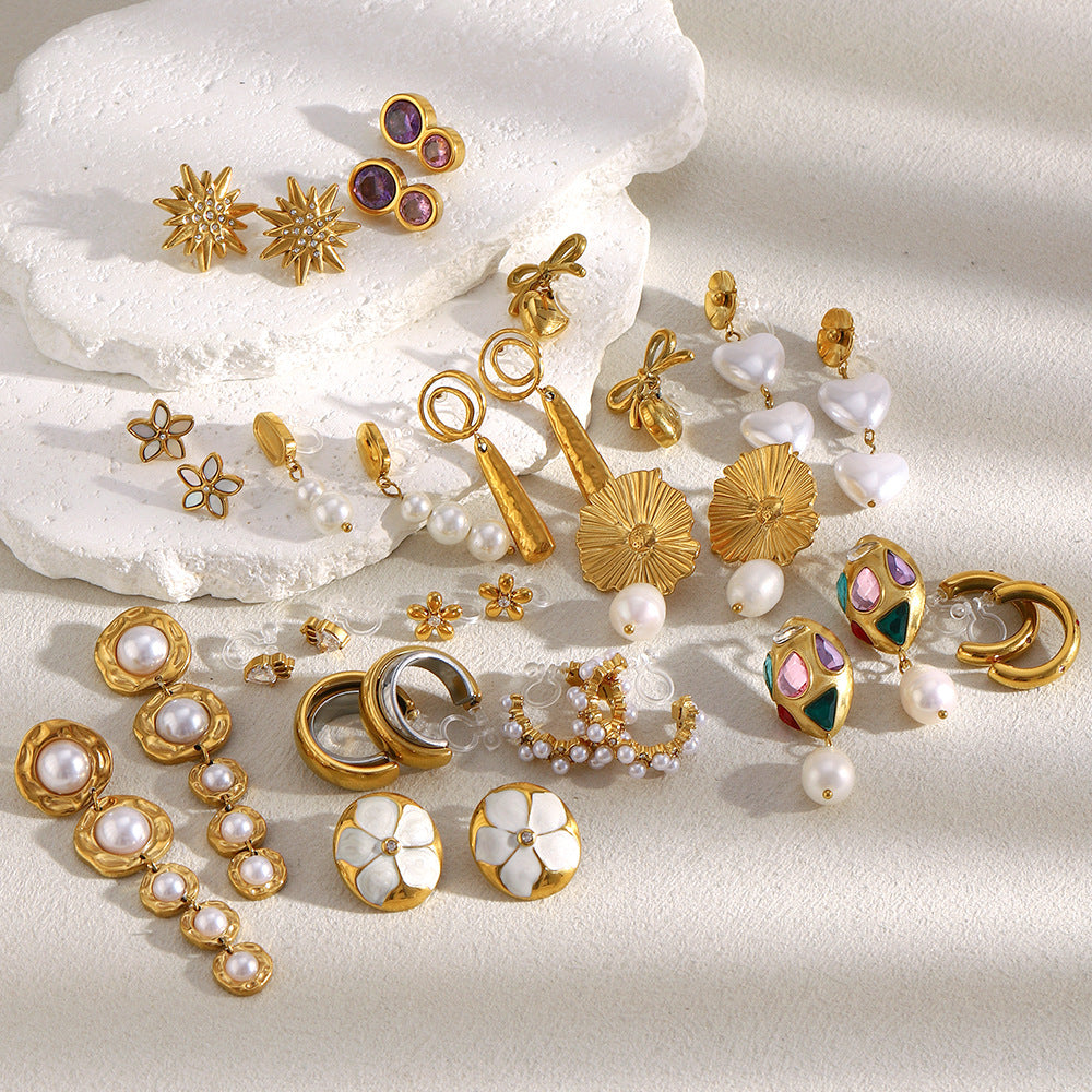 Fashionable Geometric Stainless Steel Plated 18K Gold Zircon Flower Pearl Clip-On Earrings for Women
