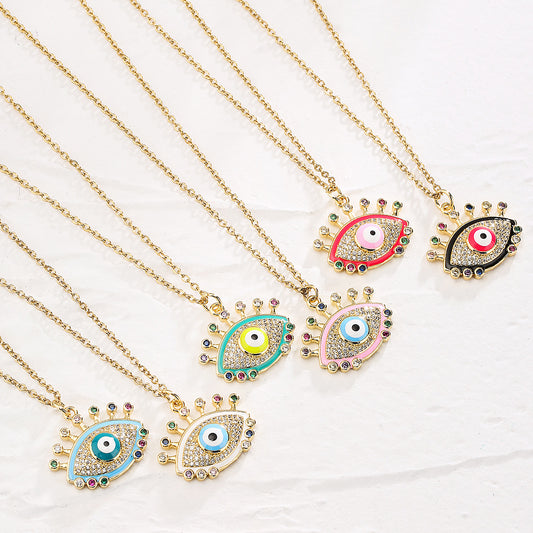 Minimalist Geometric Evil Eye Pendant Necklace for Women with Copper Base and Gold Plating, Enamel Finish and Zircon Inlay