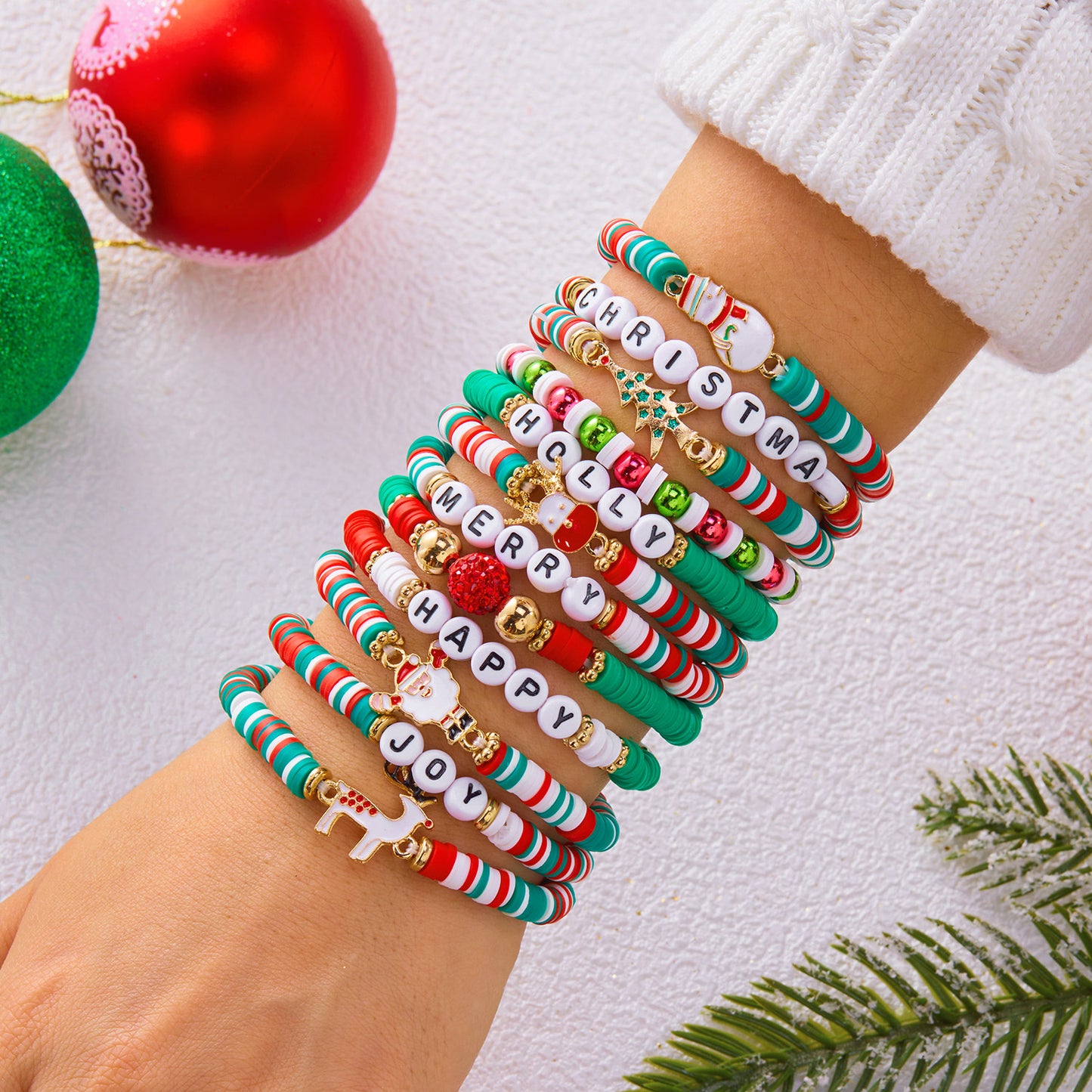 Handmade Polymer Clay Christmas Bracelet Set with Reindeer and Santa Pendant Alloy Chain for Women