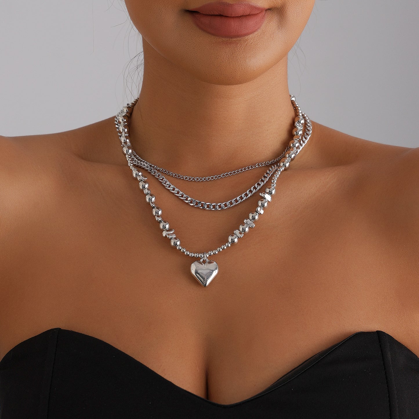 Minimalist Sweet Heart Geometric Alloy Plated Pendant Necklace for Women Layered CCB Beaded Choker