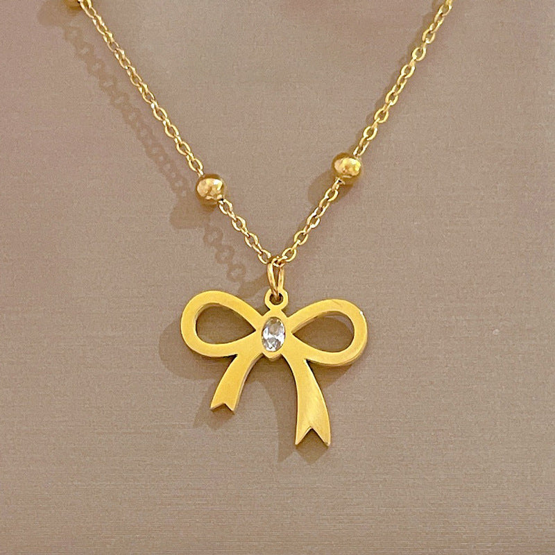 Butterfly Minimalist Plated Titanium Steel Collar Chain Necklace with Rhinestone Floral Accents