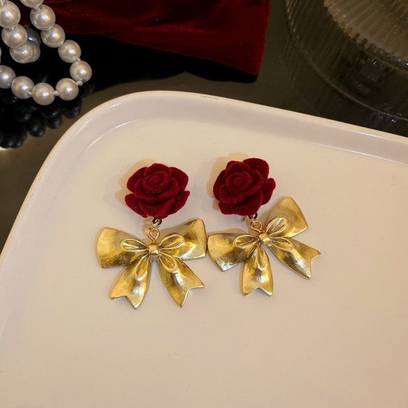 Elegant Geometric Dangle Stud Earrings for Women with Red Tassels, Alloy Base and Gold Plated Finish