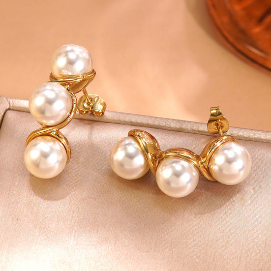 Vintage Geometric Round Pearl Plated Stainless Steel Earrings for Women