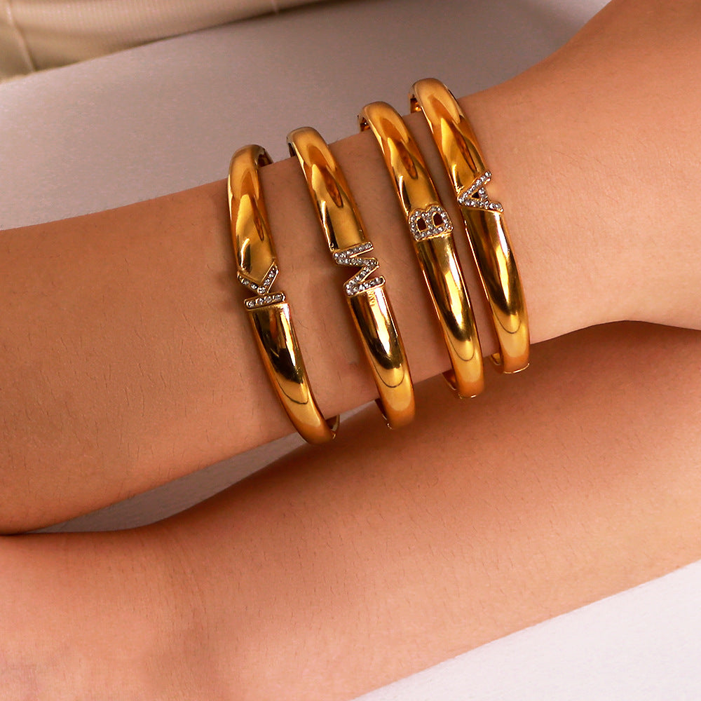 Ins Style Geometric Letter Bracelet for Women in Stainless Steel with Rhinestone Inlay and 18K Gold Plating
