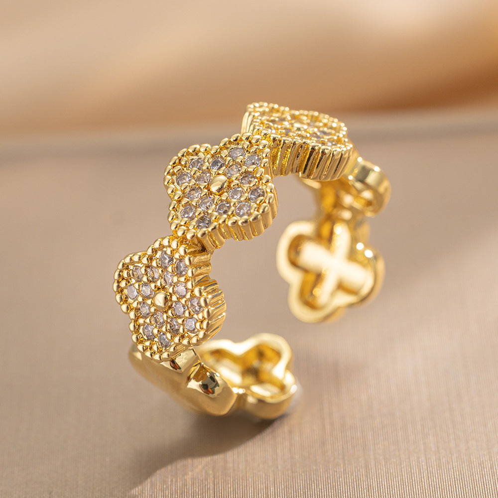 Luxury Minimalist Adjustable Open Ring for Women with Gold-Plated Copper Band and Zircon Stone Accent in Heart and Floral Shape