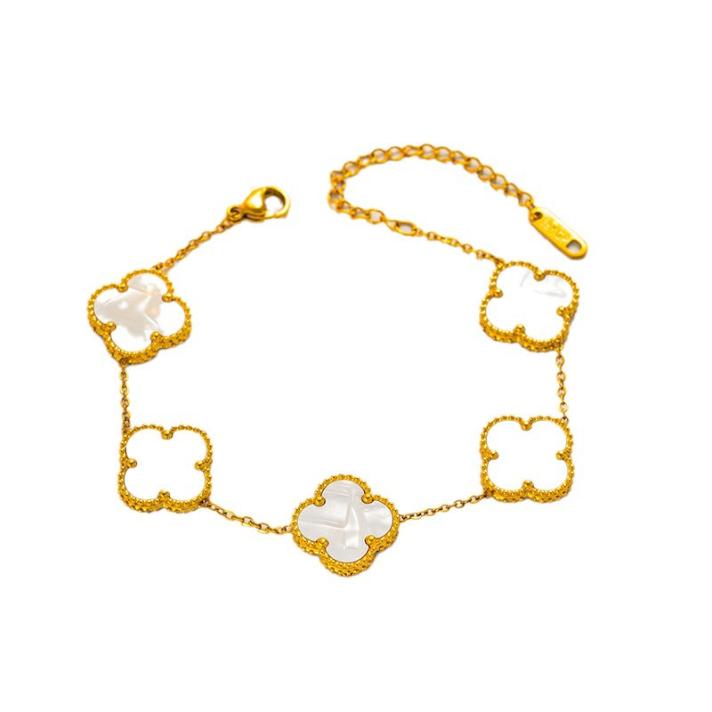 Pulsera minimalista de acero de titanio con forma de trébol e incrustaciones de nácar para mujer