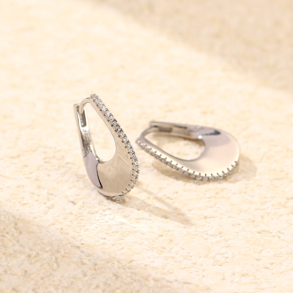 Elegant 925 Sterling Silver Geometric Inlay Diamond U-Shaped Hoop Earrings for Women