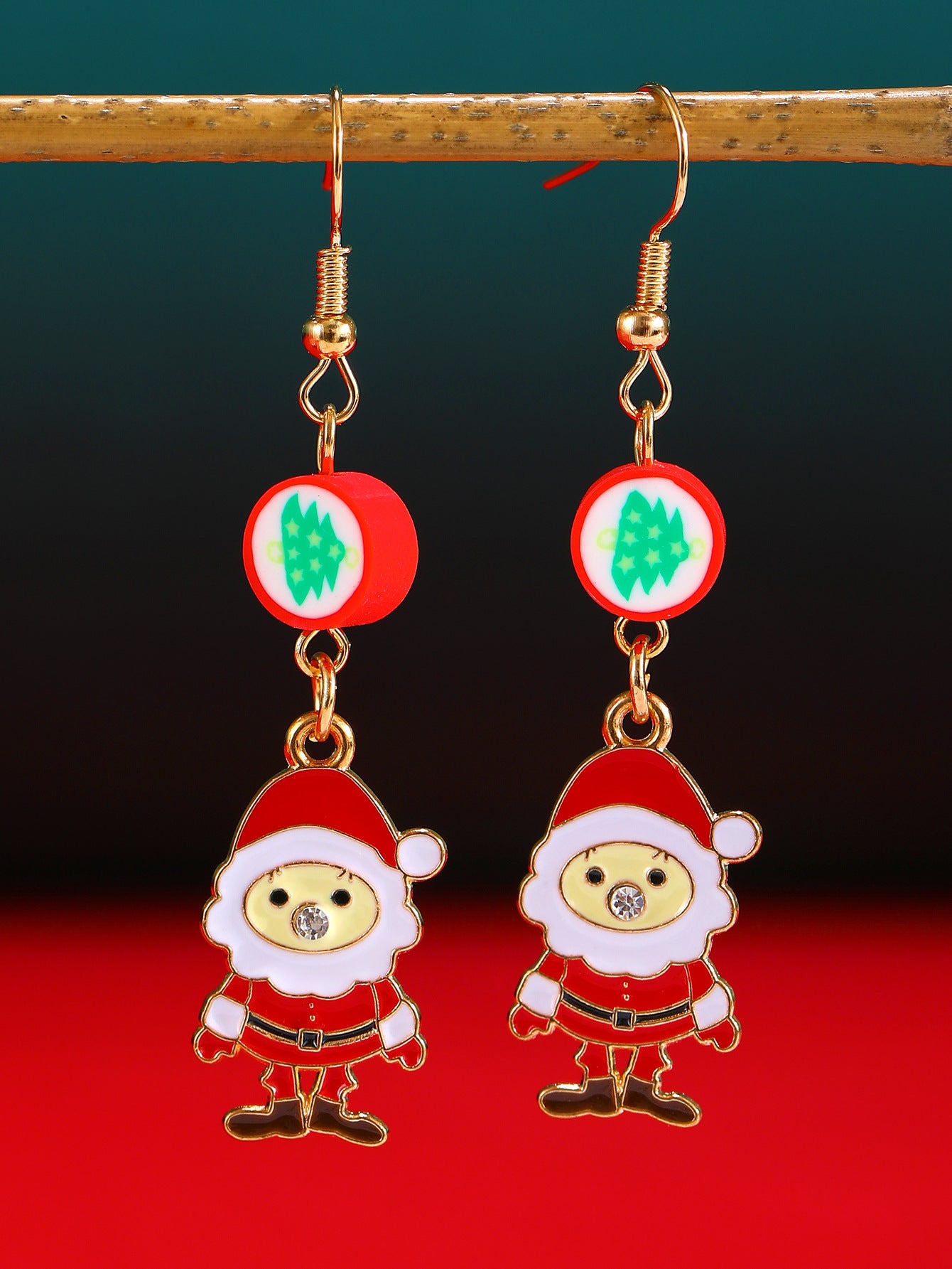Pendientes de botón minimalistas de árbol de Navidad para mujer con incrustaciones de diamantes de imitación en aleación bañada en oro